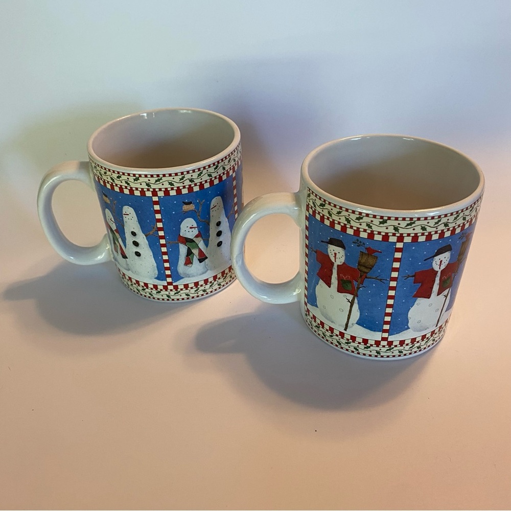 Vintage Sakura Debbie Mumm Snowman Mugs Set of 2 Christmas Stoneware Coffee Cups